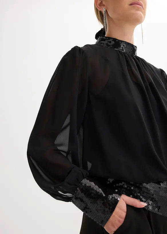 Blusa in tulle fine con paillettes, bonprix