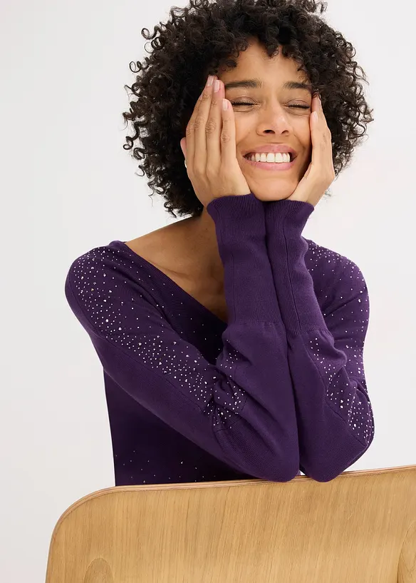 Maglione in filato fine con applicazione di strass, bonprix