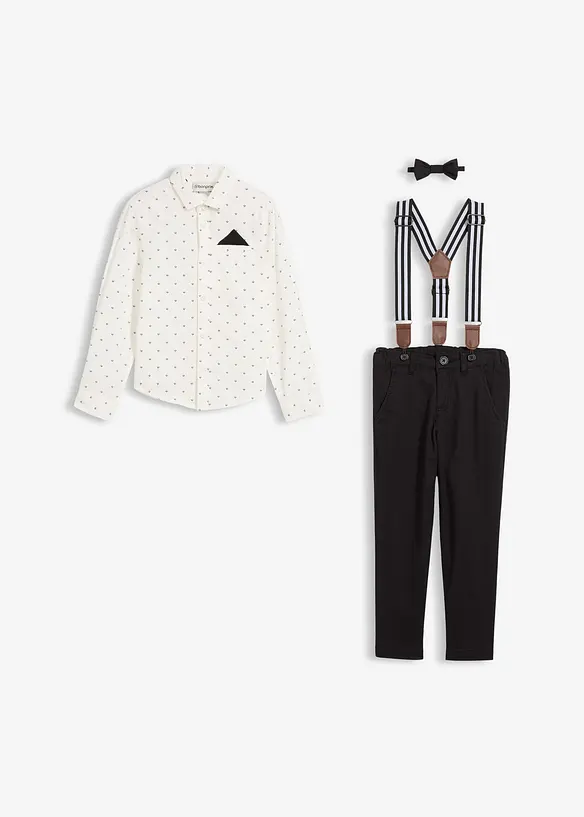 Camicia a maniche lunghe, pantaloni elasticizzati, bretelle e papillon (set 4 pezzi), bonprix
