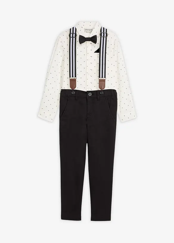 Camicia a maniche lunghe, pantaloni elasticizzati, bretelle e papillon (set 4 pezzi), bonprix