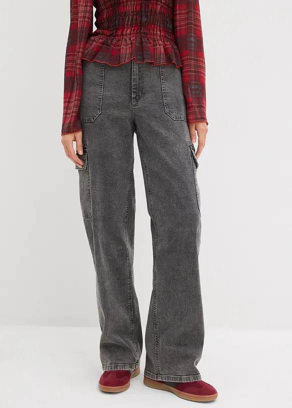 Jeans cargo a vita alta, bonprix