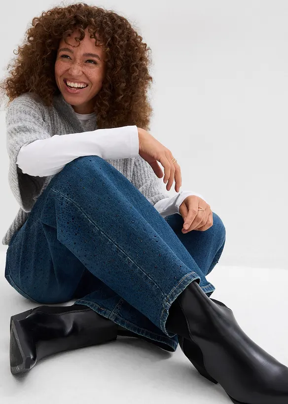 Jeans wide leg con strass, vita media, bonprix