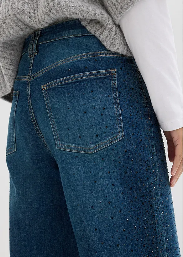 Jeans wide leg con strass, vita media, bonprix