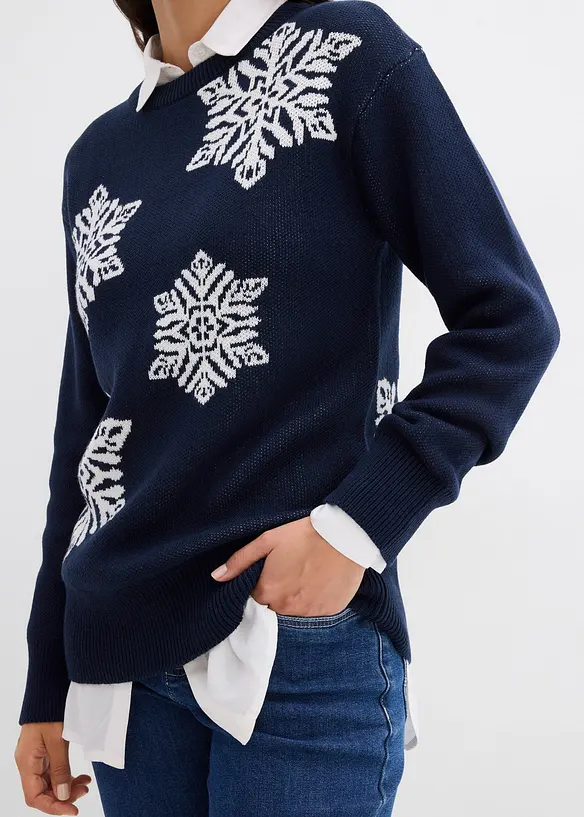Maglione con scollo rotondo e fiocchi di neve, bonprix