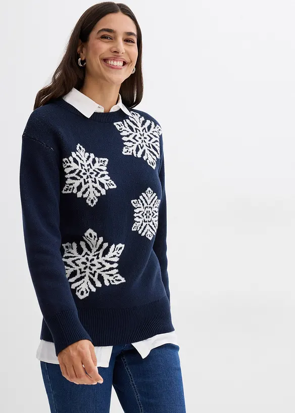 Maglione con scollo rotondo e fiocchi di neve, bonprix