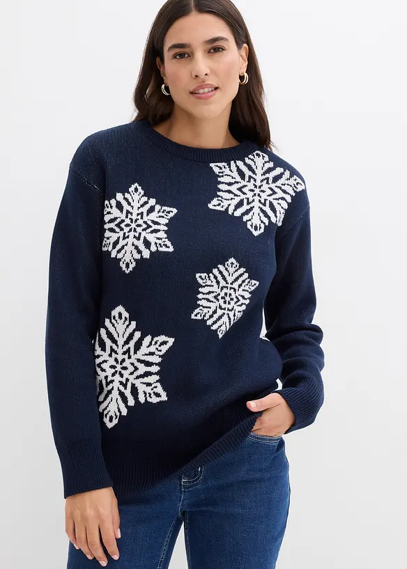 Maglione con scollo rotondo e fiocchi di neve, bonprix