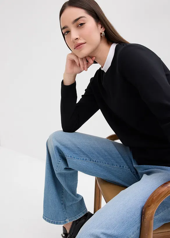 Maglia a maniche lunghe in misto viscosa con collo a coste a contrasto, bonprix