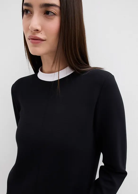 Maglia a maniche lunghe in misto viscosa con collo a coste a contrasto, bonprix