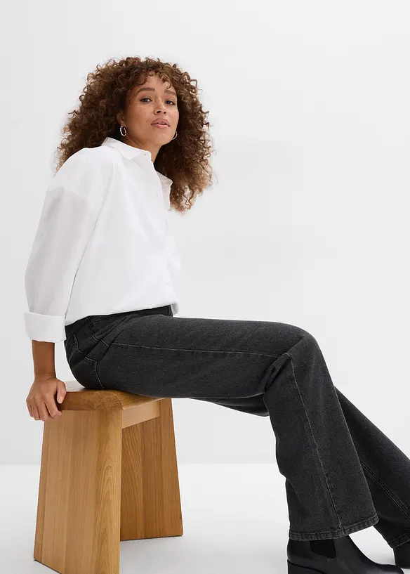 Jeans straight loose fit con cinta comoda e strass, vita alta, bonprix