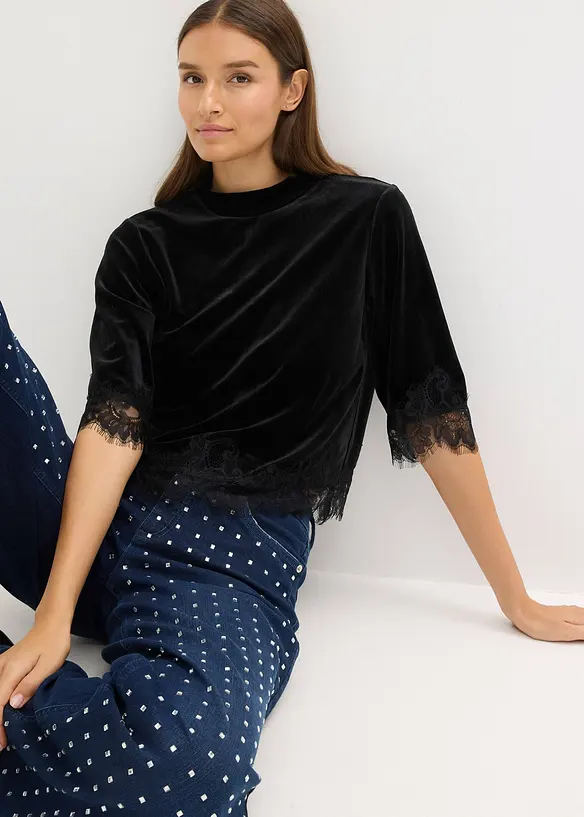 Maglia in velluto con pizzo, bonprix