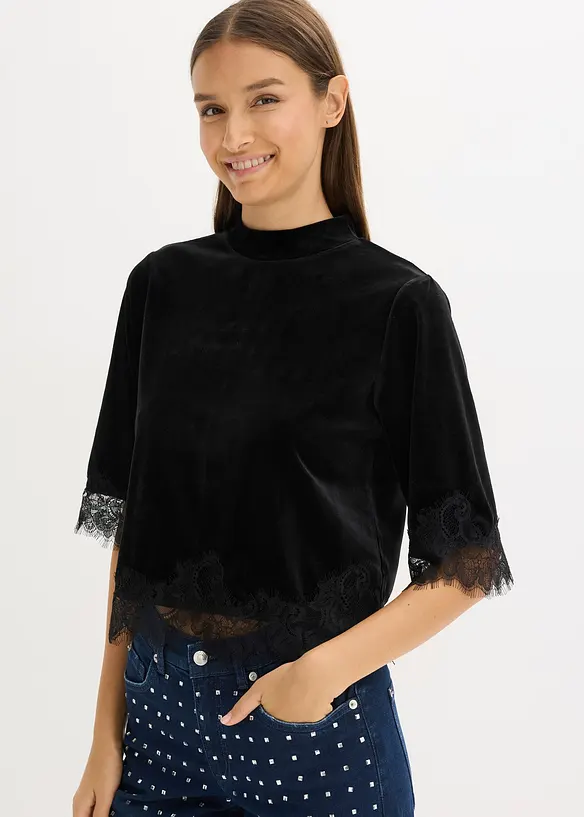 Maglia in velluto con pizzo, bonprix