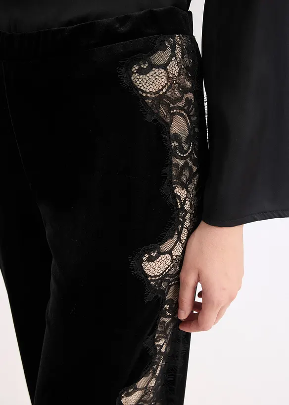 Pantaloni larghi in velluto morbido con inserto di pizzo, bonprix
