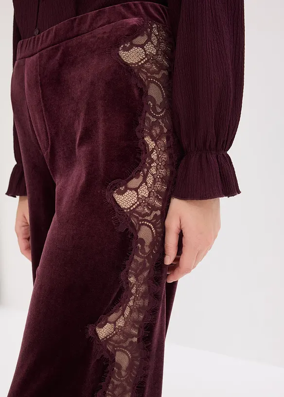 Pantaloni larghi in velluto morbido con inserto di pizzo, bonprix