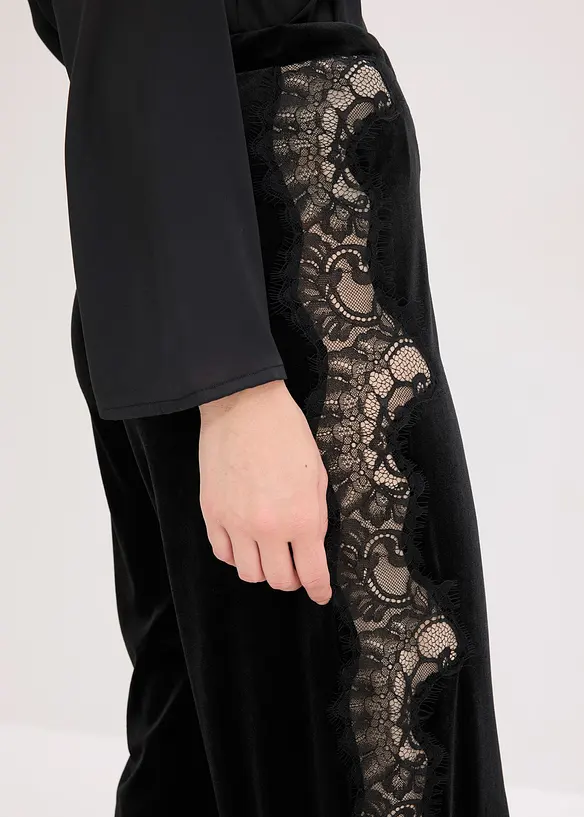 Pantaloni larghi in velluto morbido con inserto di pizzo, bonprix