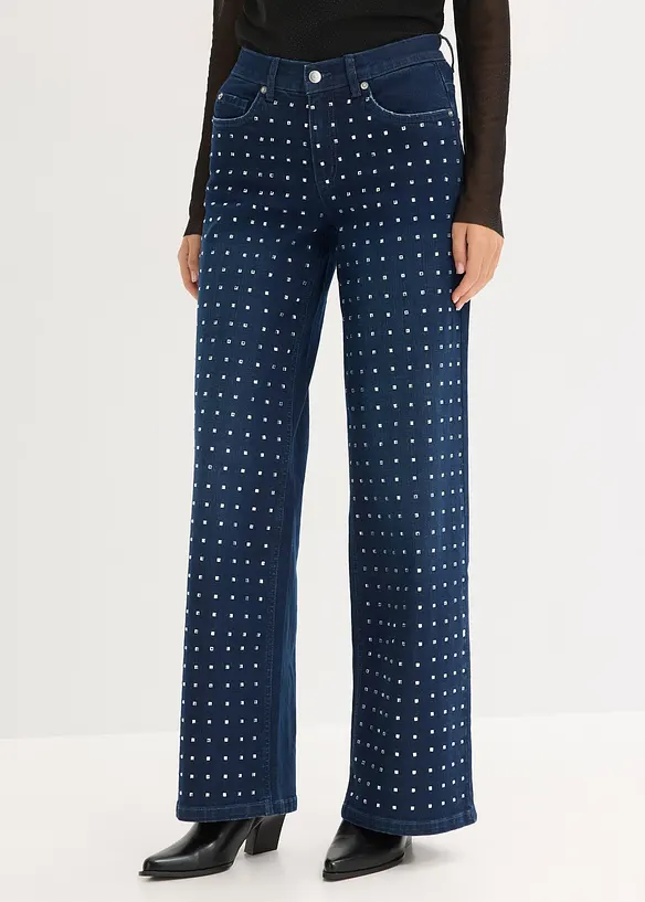 Jeans loose fit straight con applicazione di strass, vita alta, bonprix