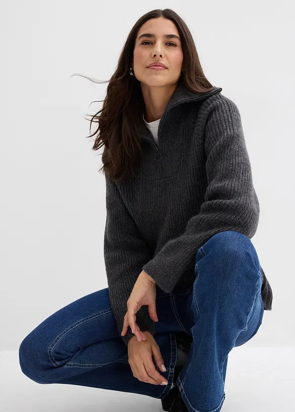 Maglione a coste con zip, bonprix