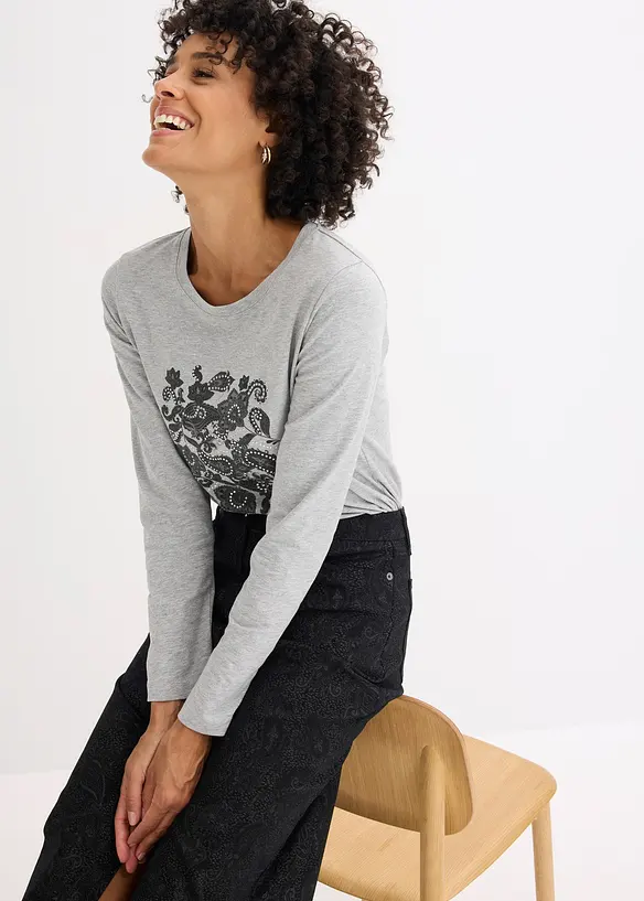 Maglia a maniche lunghe in cotone biologico con stampa decorativa, bonprix