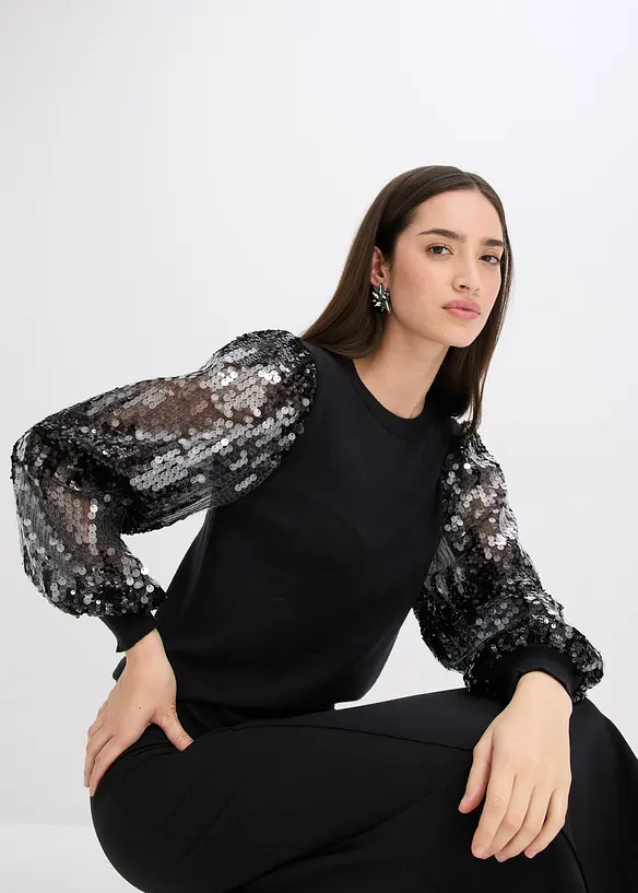 Maglione in filato fine con paillettes sulle maniche, bonprix