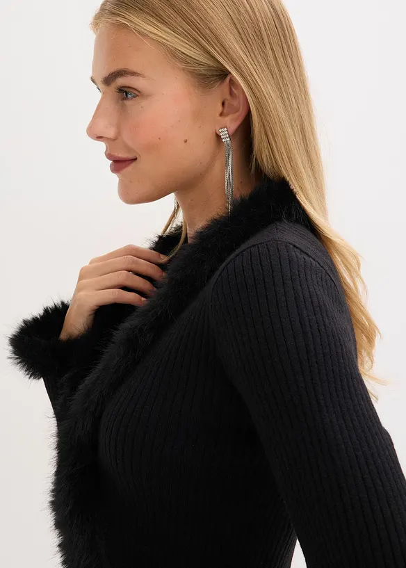 Cardigan in filato fine con pelliccia sintetica, bonprix
