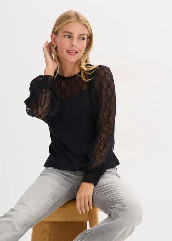Maglia a maniche lunghe con pizzo, bonprix