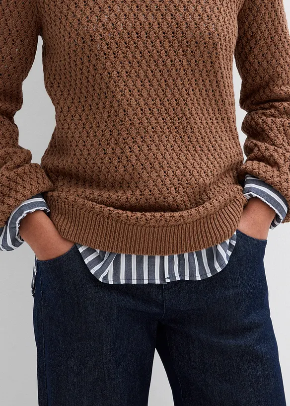 Maglione in maglia operata di misto cotone, bonprix