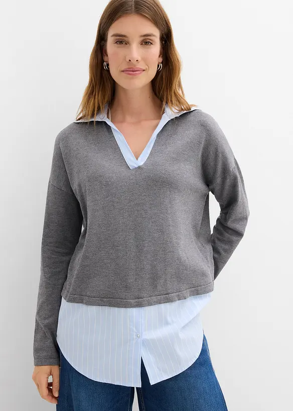 Maglione in filato fine con inserto di camicia, bonprix