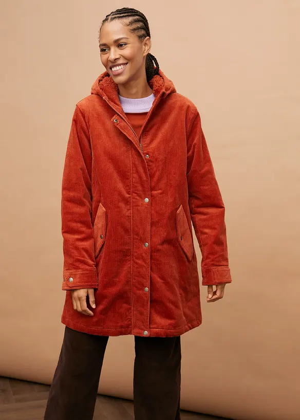 Parka svasato in velluto con fodera in pile teddy e cappuccio, bonprix