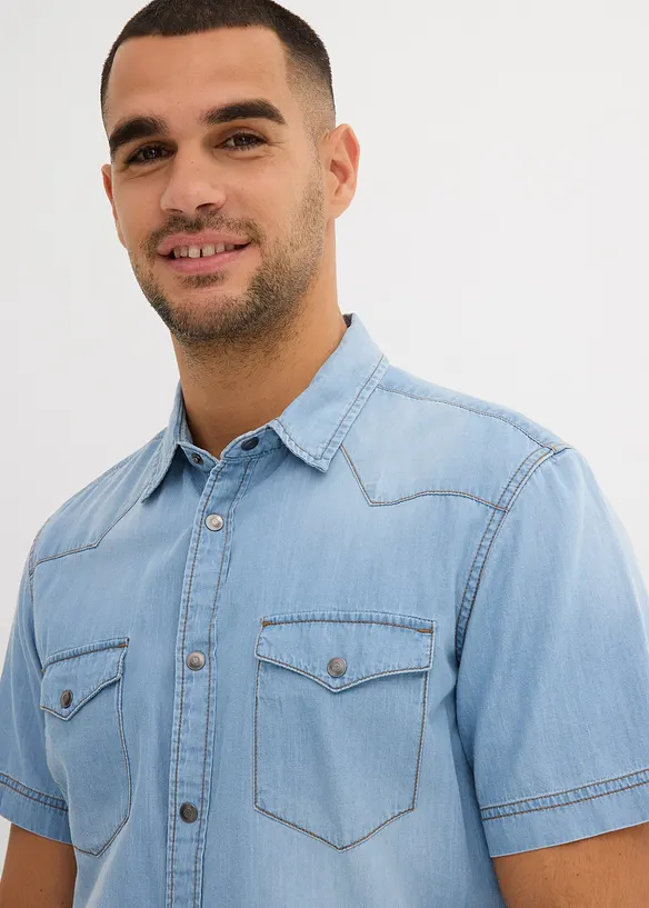 Camicia a maniche corte in jeans di puro cotone biologico, slim fit, bonprix