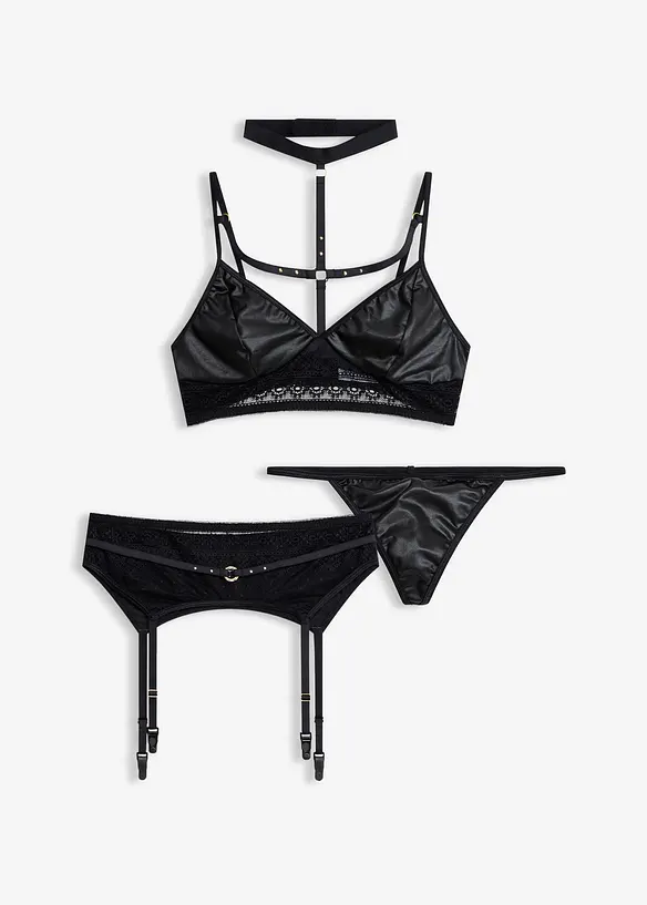 Bralette, perizoma,  reggicalze in look bagnato (set 3 pezzi), bonprix