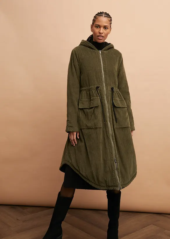 Cappotto in velluto a coste con cappuccio in pile teddy di puro cotone, bonprix