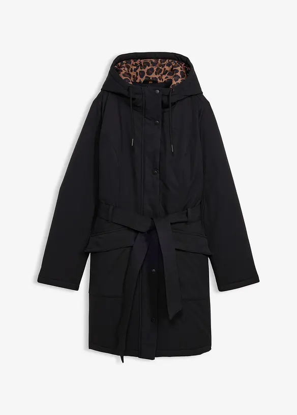 Cappotto outdoor corto idrorepellente con cintura e fodera leopardata, bonprix