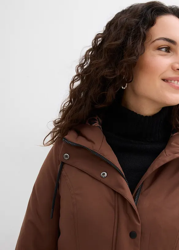 Cappotto outdoor corto idrorepellente con cintura e fodera leopardata, bonprix