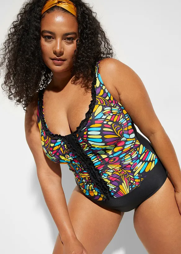 Costume intero con ruches ed effetto modellante medio, bonprix