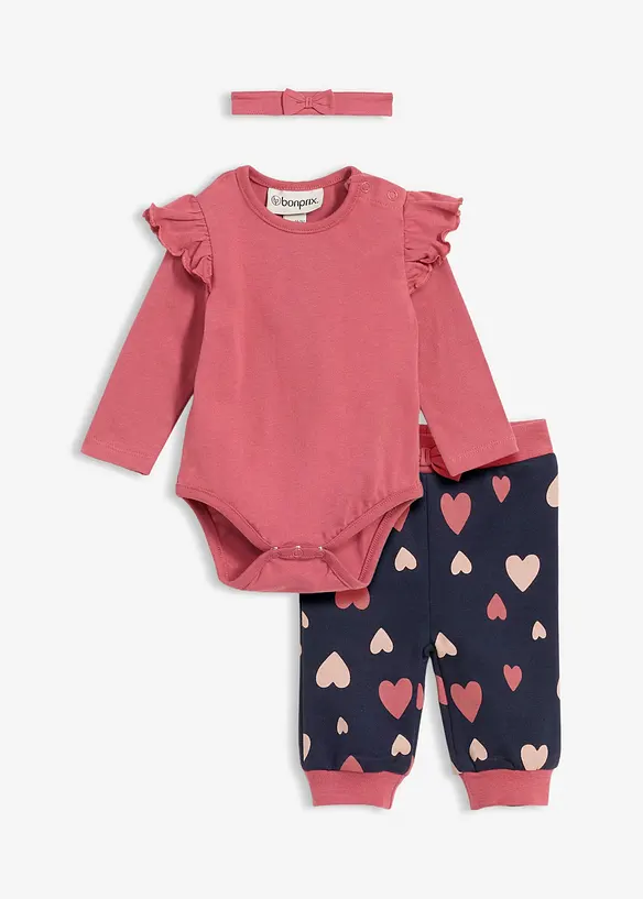 Body neonato, pantaloni, fascia (set 3 pezzi), bonprix