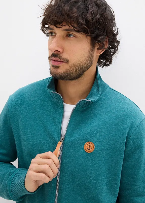 Felpa con zip con collo dritto e dettagli in similpelle, bonprix