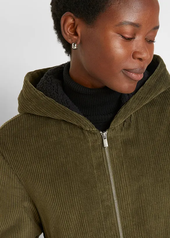 Cappotto in velluto a coste con cappuccio in pile teddy di puro cotone, bonprix