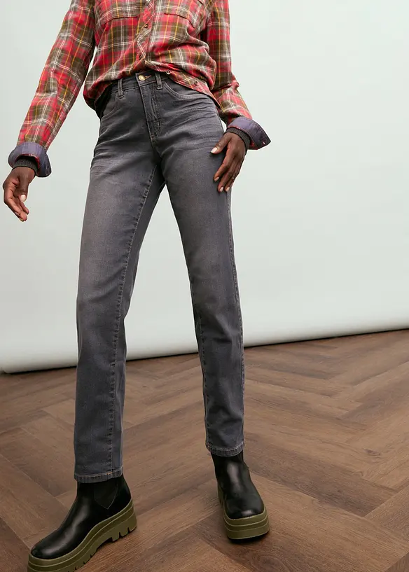 Jeans straight ultra morbidi, vita media, bonprix