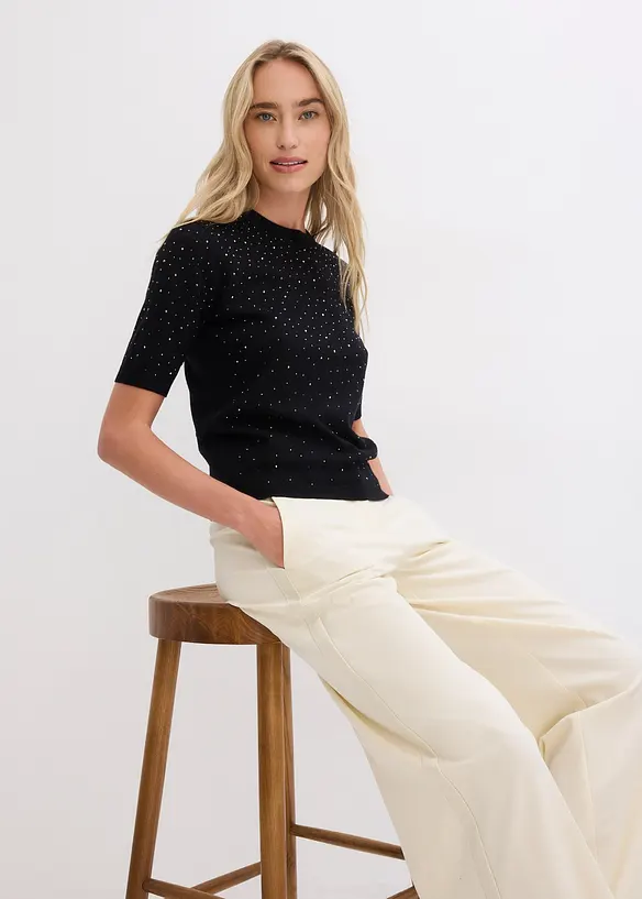 Maglioncino in filato fine a mezza manica con strass, bonprix