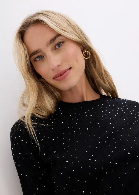 Maglioncino in filato fine a mezza manica con strass, bonprix