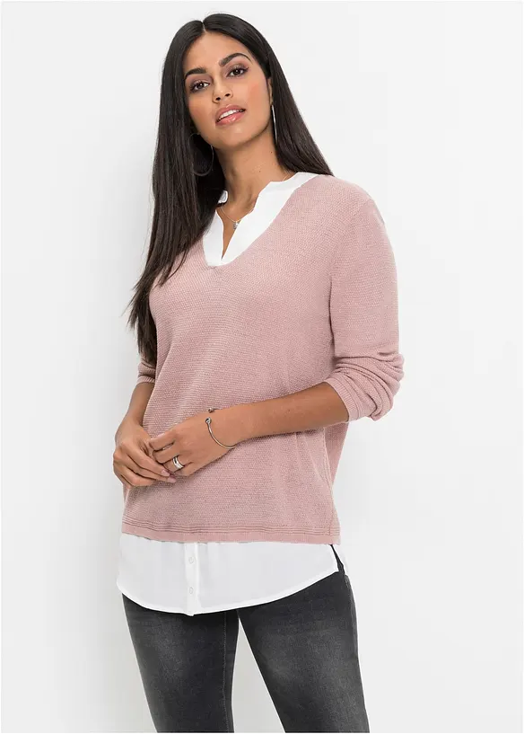 Maglione in filato fine con inserti effetto camicia, bonprix