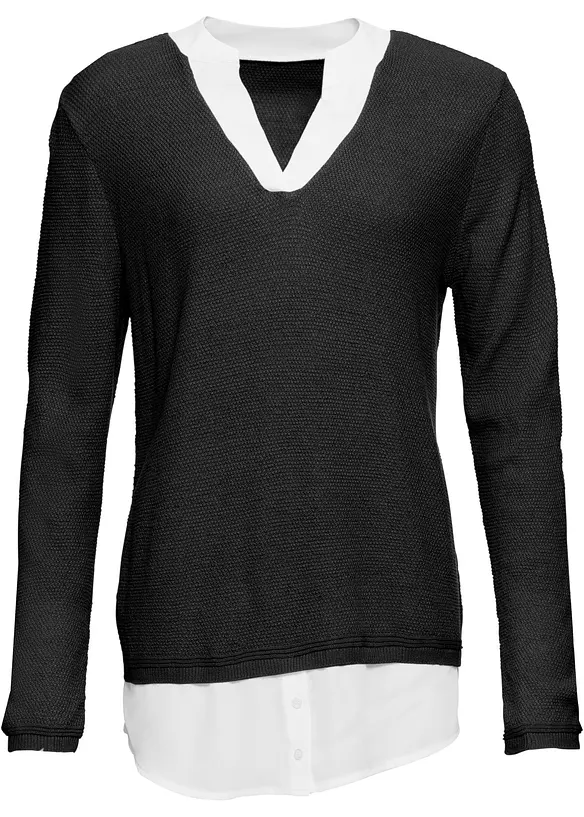 Maglione in filato fine con inserti effetto camicia, bonprix