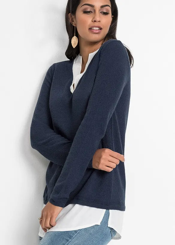 Maglione in filato fine con inserti effetto camicia, bonprix
