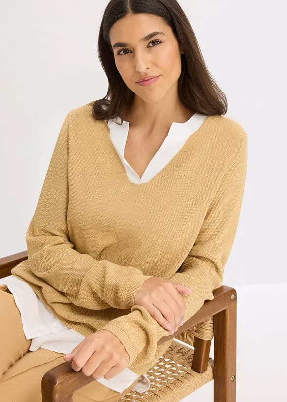 Maglione in filato fine con inserti effetto camicia, bonprix