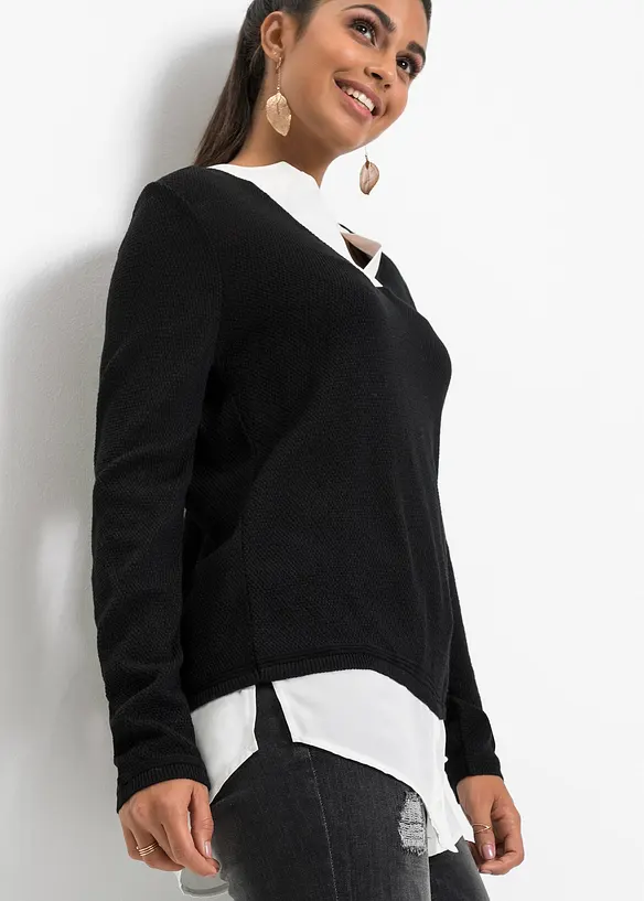 Maglione in filato fine con inserti effetto camicia, bonprix