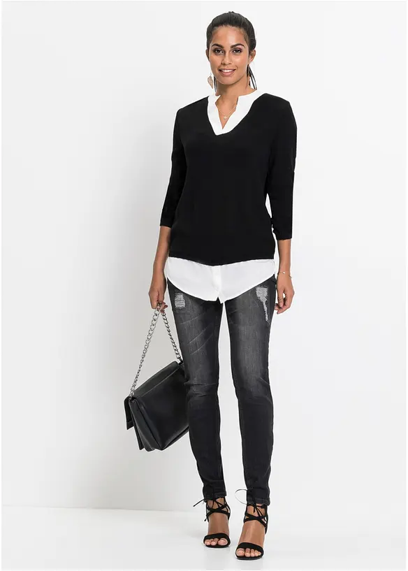 Maglione in filato fine con inserti effetto camicia, bonprix