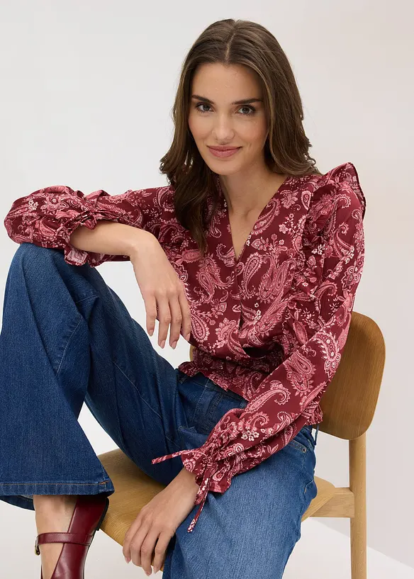 Blusa con volant e inserto smock, bonprix