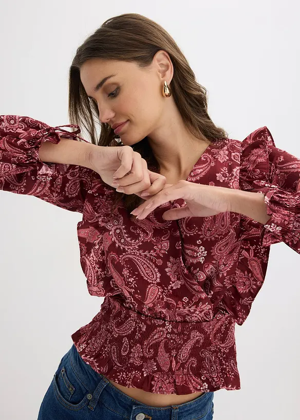 Blusa con volant e inserto smock, bonprix