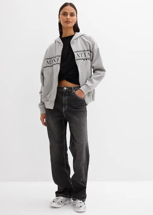 Felpa larga in puro cotone biologico con zip e cappuccio, bonprix