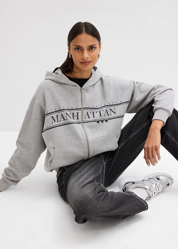 Felpa larga in puro cotone biologico con zip e cappuccio, bonprix