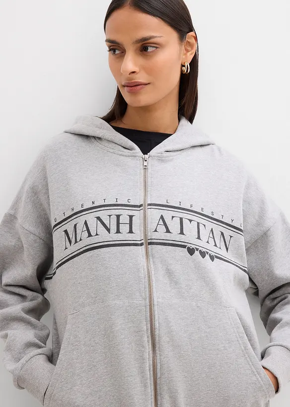 Felpa larga in puro cotone biologico con zip e cappuccio, bonprix